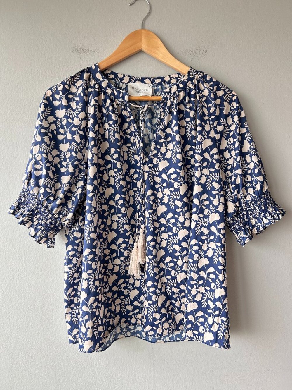 Hyacinth House Floral Tassel Peasant Blouse Navy Blue White Cotton L